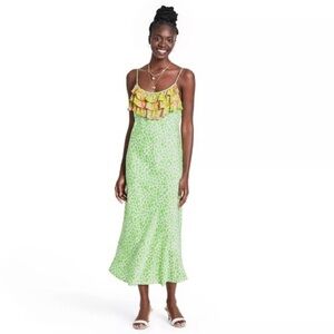 NEW Rixo x Target Green Cheetah Animal Print Ruffle Midi Long Slip Dress